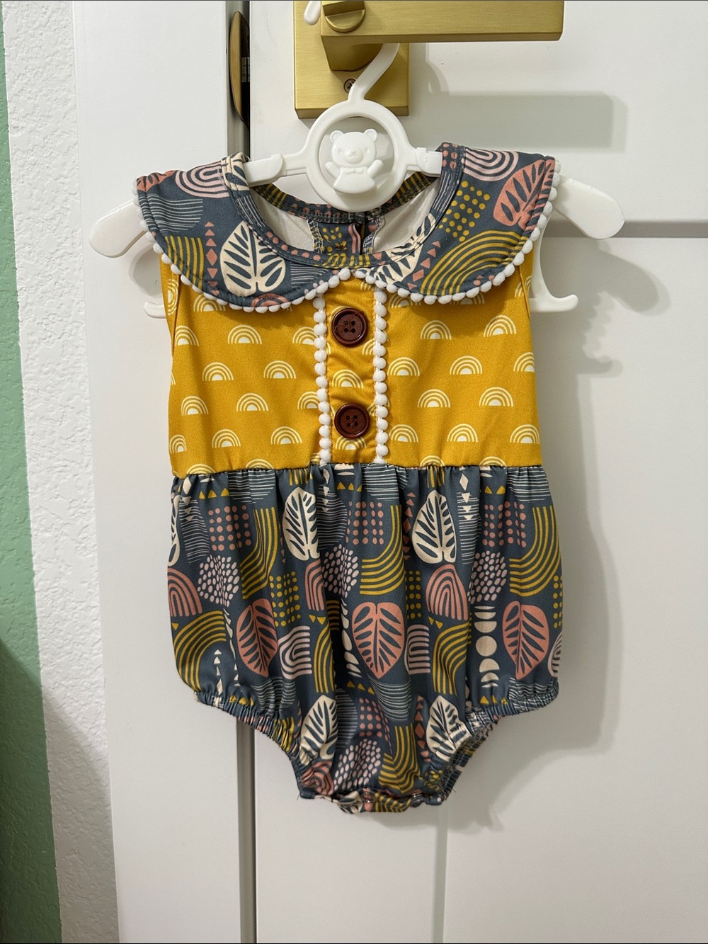 Baby Girls Mustard & Gray Leaf Print One-Piece Romper